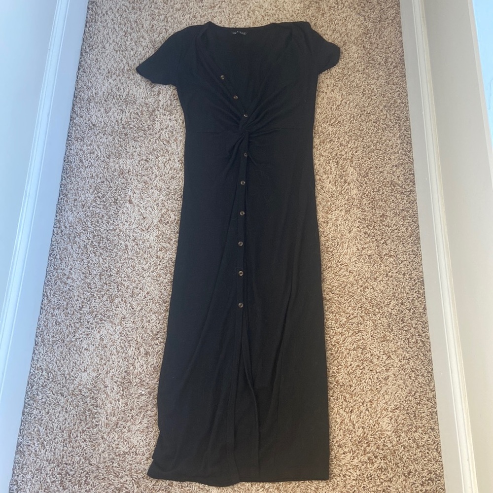 Long black dress, button front